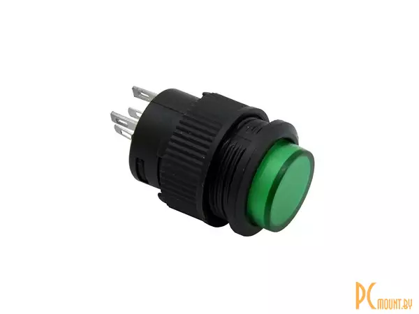 R16-503AD-G Lock Переключатель кнопочный с фиксацией, зеленый, LED подсветка DC3В, AC250V, 3А