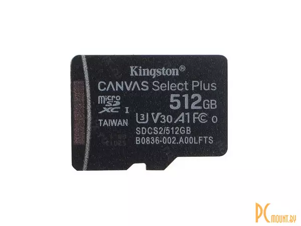 Карта памяти карта памяти MicroSDXC 512Gb  Kingston (класс 10, UHS-I (класс U3), V30, A1, чтение: 100 МБ/с, запись: 85 МБ/с, адаптер) SDCS2/512GB