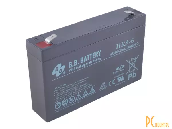 Источник бесперебойного питания аккумулятор B.B.Battery HR9-6-T2, AGM, (6В/8 А·ч), макс. ток 120 А, клеммы T2, 151x34x94 мм, 1.4 кг